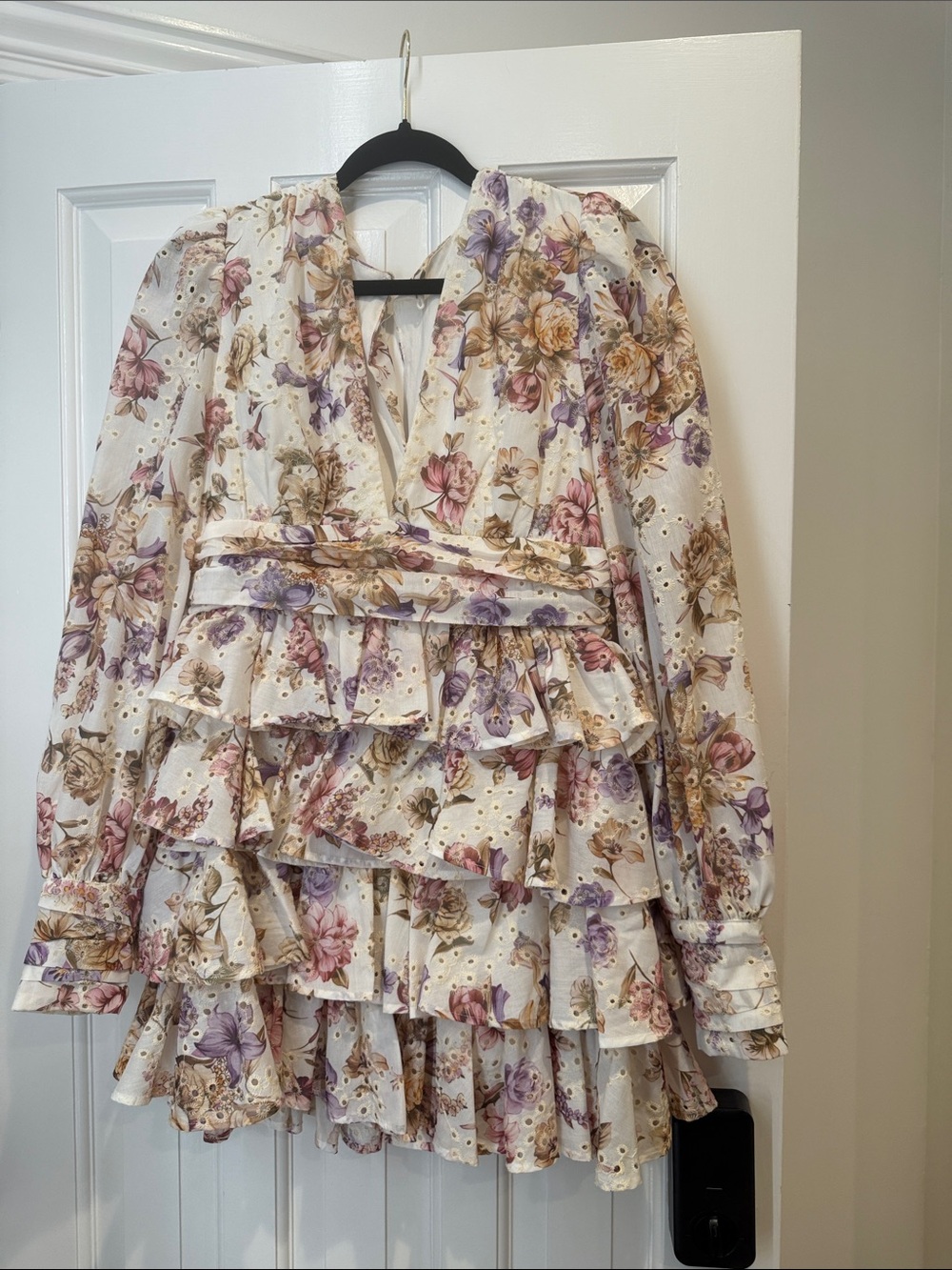 Line & Dot Floret Tiered Ruffle Mini Dress  - Pink multi size medium